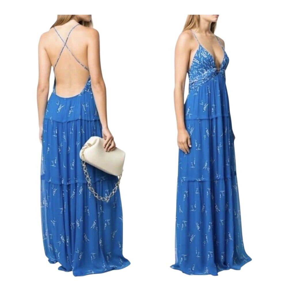 Bash Blue White Maxi Sun Dress Size L Gauze Open Back V Neck Sleeveless Womens